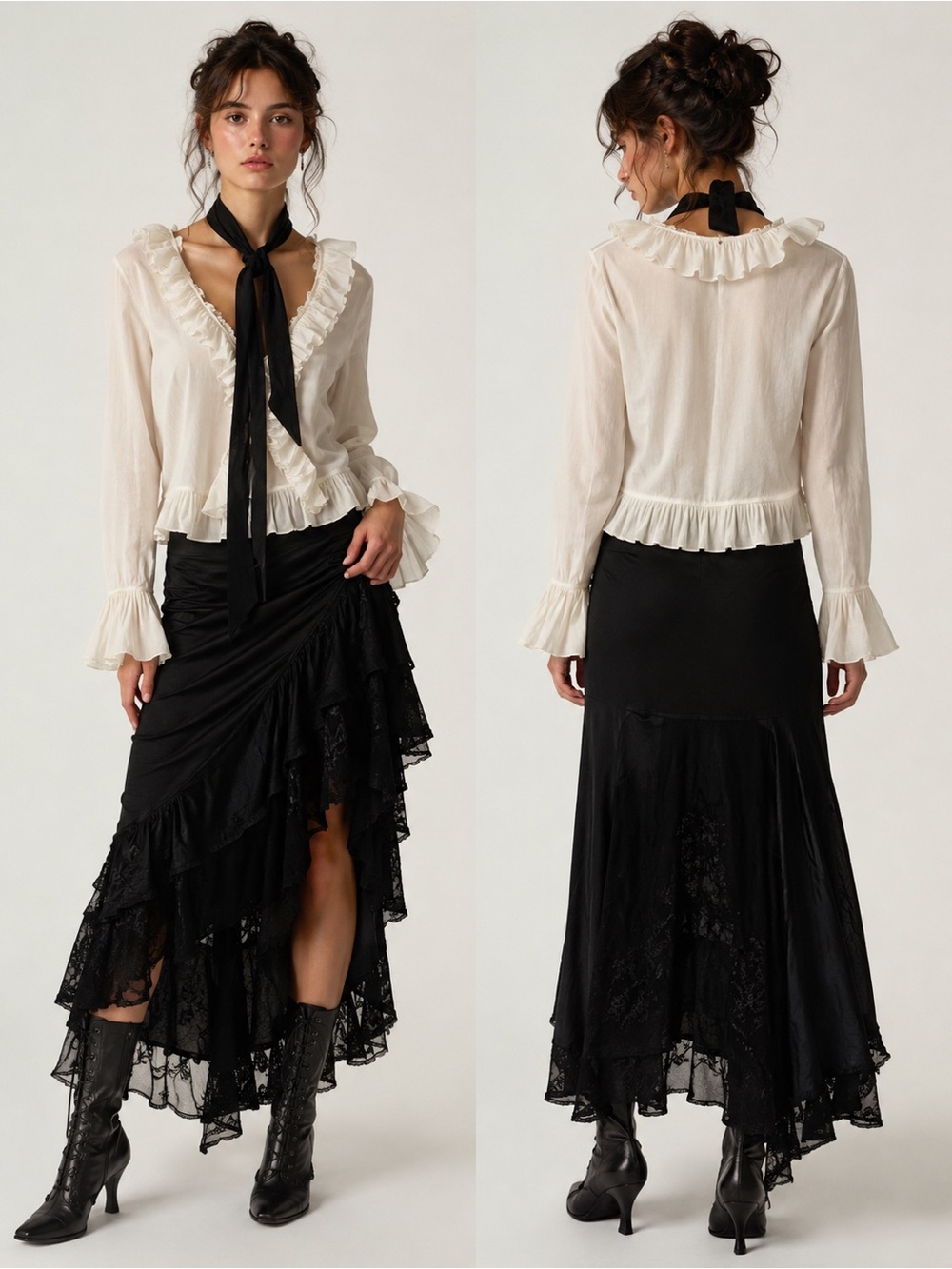 Ivory White Ruffled V-Neck Modern Victorian Romantic Long Sleeve Blouse Large